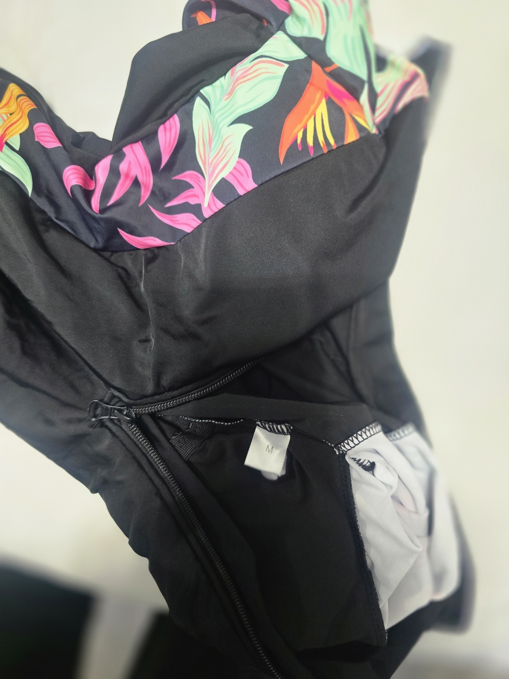 Women's Black One-Piece Swimsuit with Tropical Print